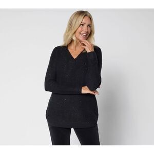 Denim & Co. Women's Top Sweater Sz 2XS (XXS) V-Neck Long Sleeve Black A670650